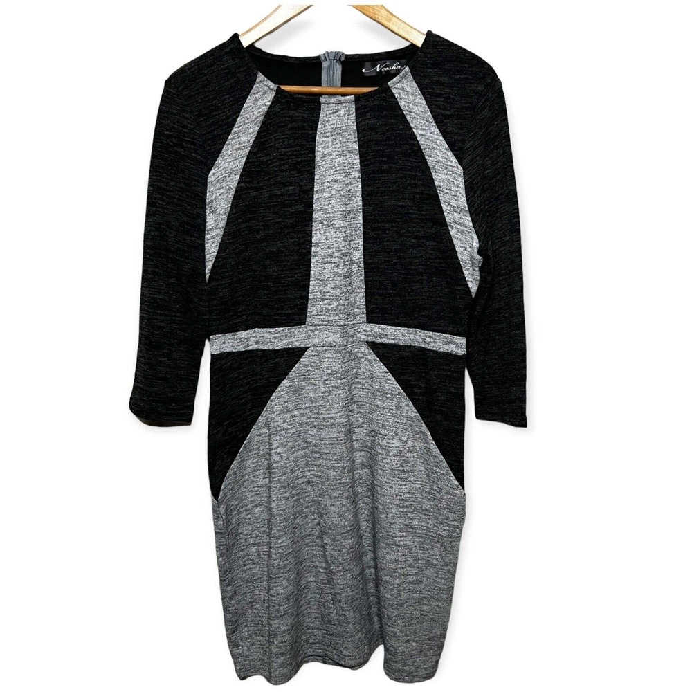 Neesha Women's Heathered Dark & Light Gray Knit Sweater Dress Round Neck Size L - Picture 1 of 14